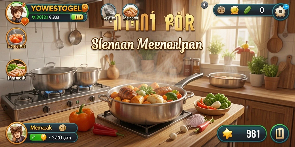 Screenshot utama YOWESTOGEL menampilkan antarmuka memasak yang interaktif.