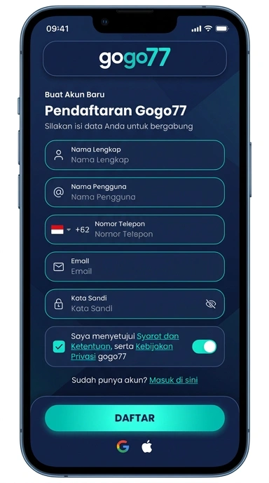 Tampilan halaman daftar gogo77